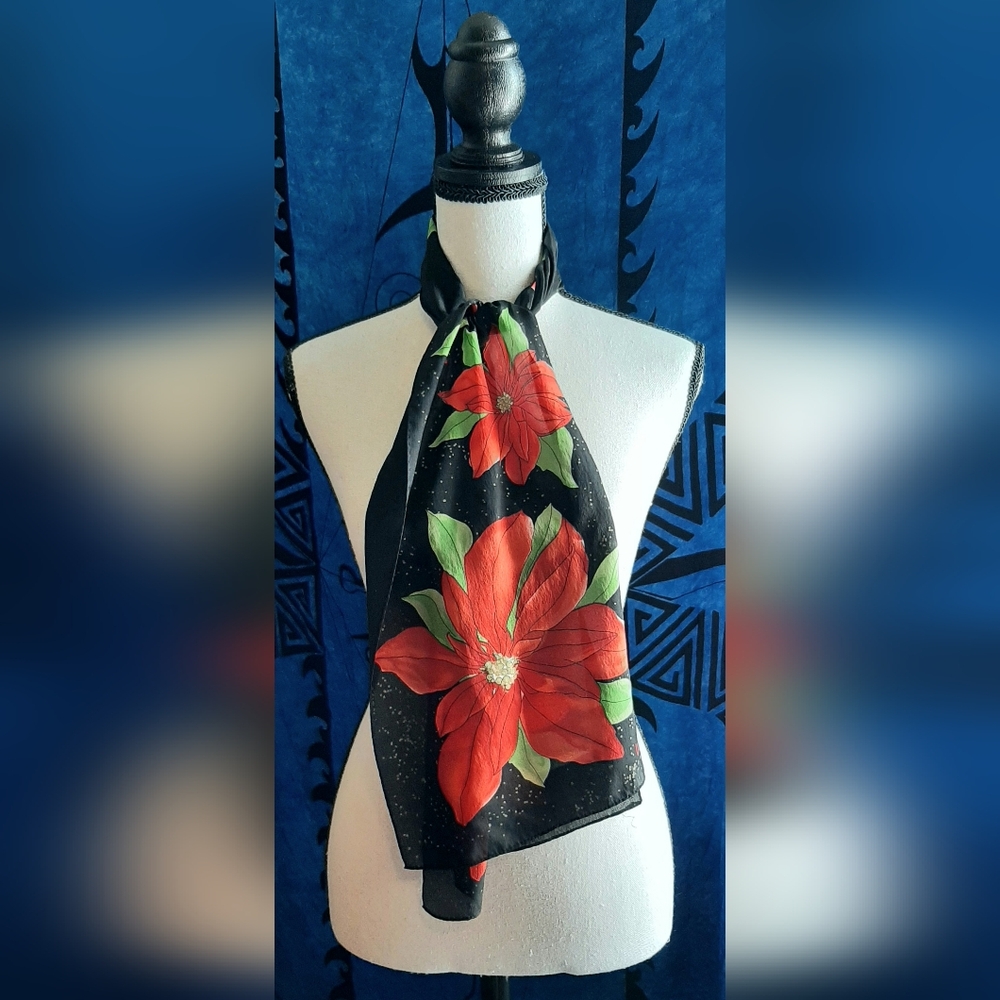 Silk Black Scarf w/ Red Poinsettas